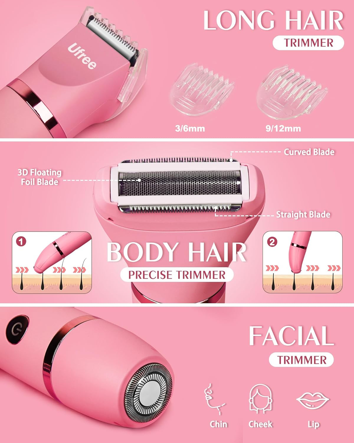 Ufree Bikini Trimmer Electric Razors for Women, Rechargeable Pubic Hair Trimmer Electric Shaver for Legs Body Hair, Bikini Shaver IPX7 Waterproof, Rose Red