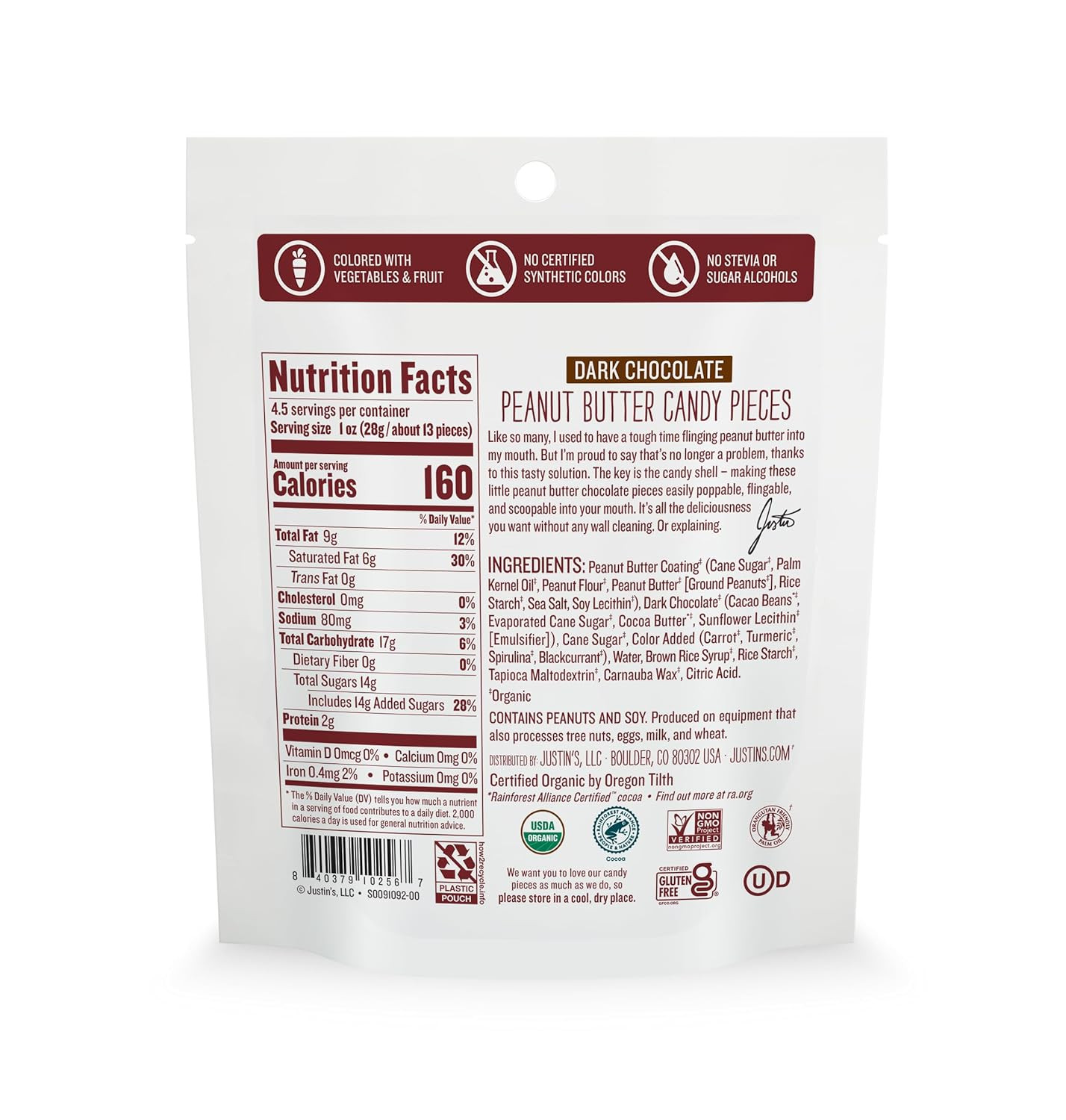 Justin's Dark Chocolate Peanut Butter Candy Pieces - 4.5oz bag Organic, Gluten Free, Non-GMO, Responsibly Source, Rainforest Alliance Certified Cocoa
