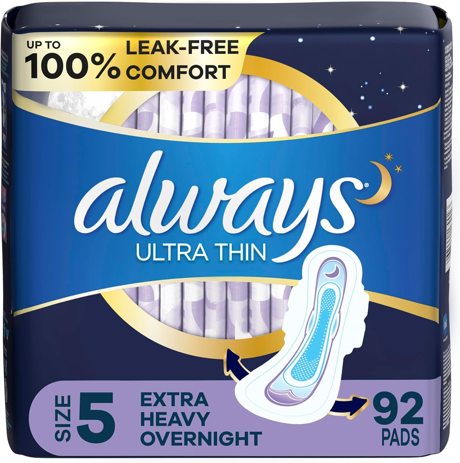 Always Ultra Thin Feminine Pads for Women, Size 5, Extra Heavy, Overnight Absorbency with Wings, (92 Count Total)