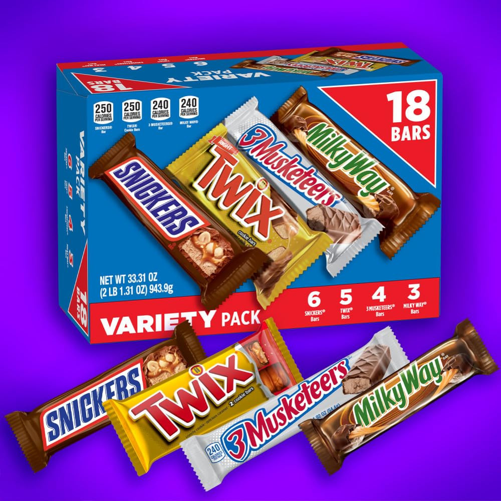 Mars SNICKERS, TWIX, 3 MUSKETEERS & MILKY WAY Full Size Christmas Candy Chocolate Bar Variety Box, 18 ct Bulk Candy