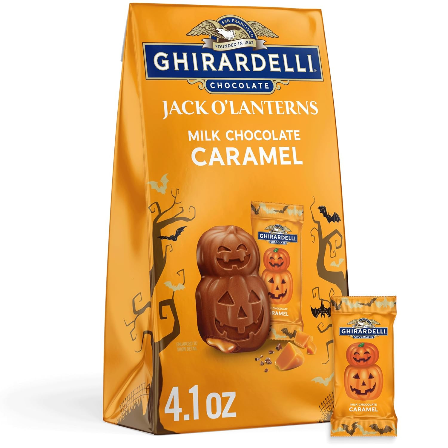 GHIRARDELLI Milk Chocolate Caramel Jack O’ Lanterns, 4.1 oz Bag – Premium Halloween Chocolate Candy with Luscious Caramel Filling
